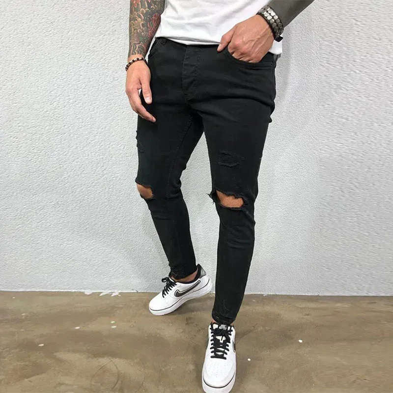 Wiaofellas  -  Jeans Men Distressed Snow Wash Paint Dot Design Pencil Pants Mens Fashion Slim Jean Knee Holes Hip-hop Denim Streetwear Trousers