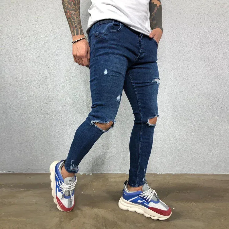 Wiaofellas  -  Jeans Men Distressed Snow Wash Paint Dot Design Pencil Pants Mens Fashion Slim Jean Knee Holes Hip-hop Denim Streetwear Trousers