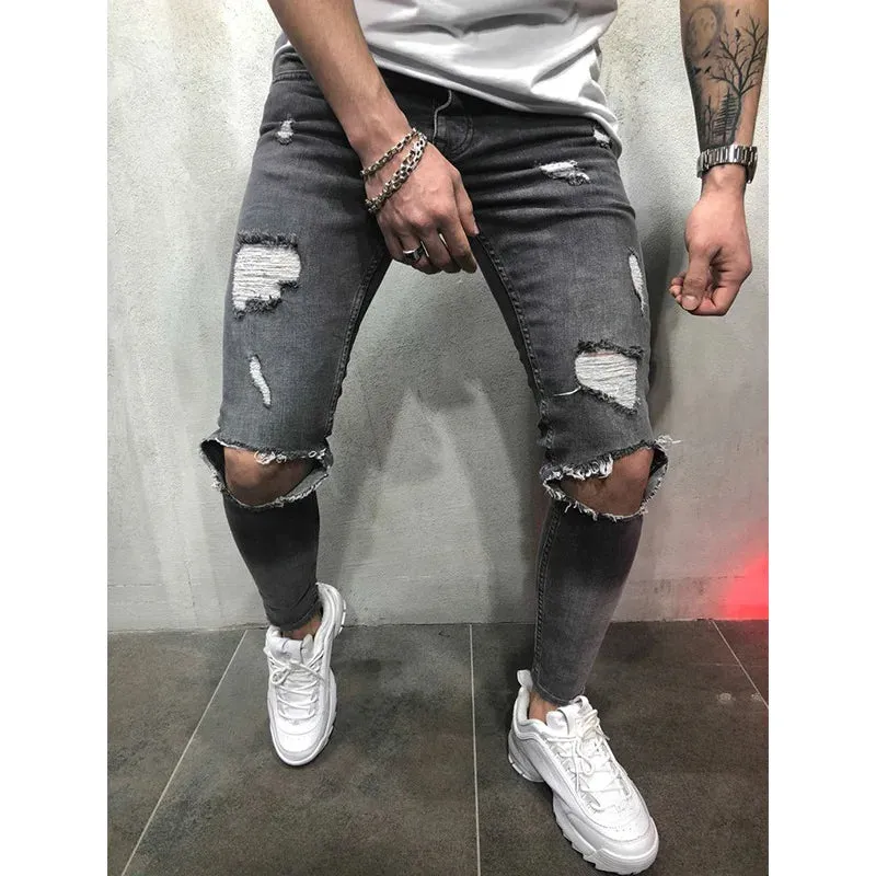 Wiaofellas  -  Jeans Men Distressed Snow Wash Paint Dot Design Pencil Pants Mens Fashion Slim Jean Knee Holes Hip-hop Denim Streetwear Trousers