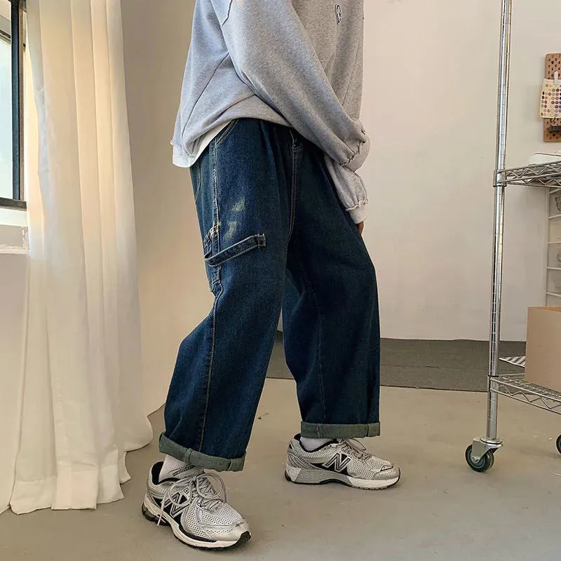 WIAOFELLAS -  Wide Leg Blue Jeans Oversize Loose All-match Washed Casual Denim Pants Street Trend Hip-hop Straight Men's Trousers Four Seasons