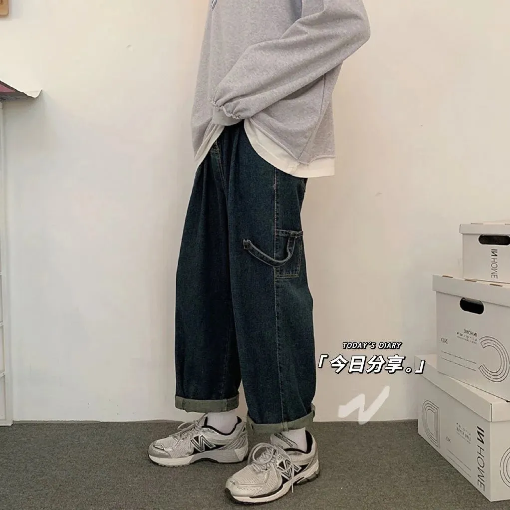 WIAOFELLAS -  Wide Leg Blue Jeans Oversize Loose All-match Washed Casual Denim Pants Street Trend Hip-hop Straight Men's Trousers Four Seasons