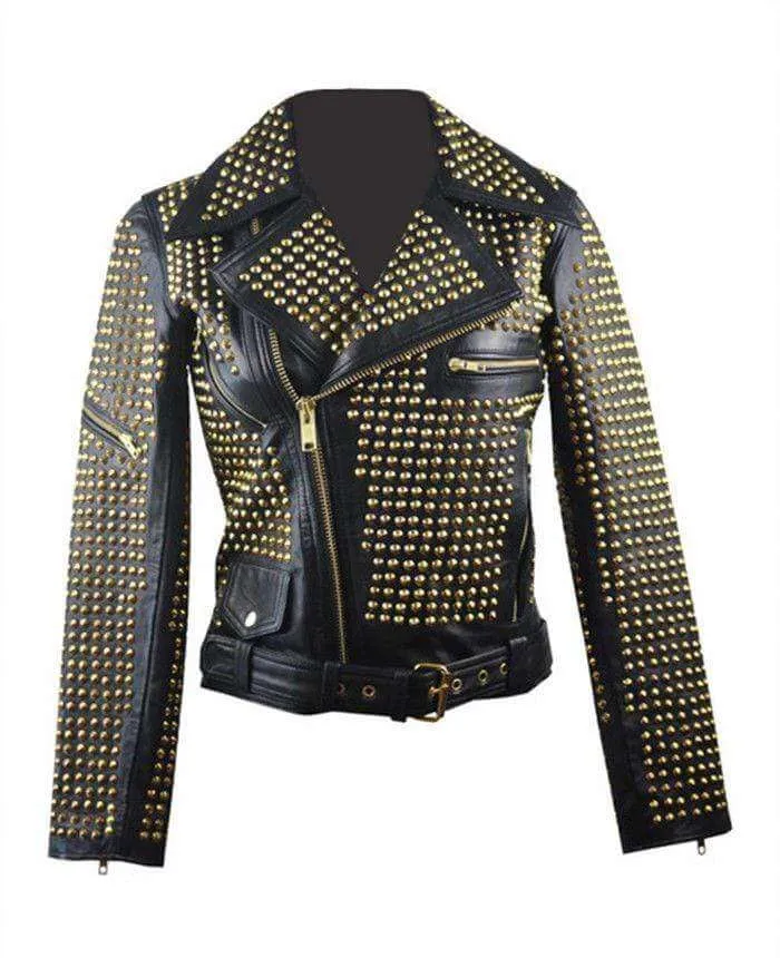 Woman Black Full Golden Studded Brando Style Punk Cowhide Leather Jacket