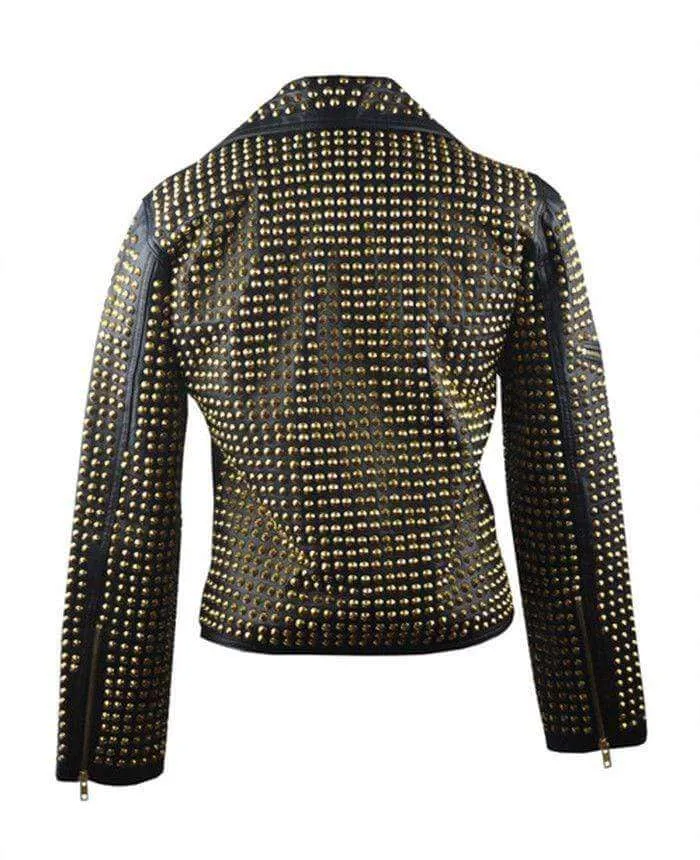 Woman Black Full Golden Studded Brando Style Punk Cowhide Leather Jacket