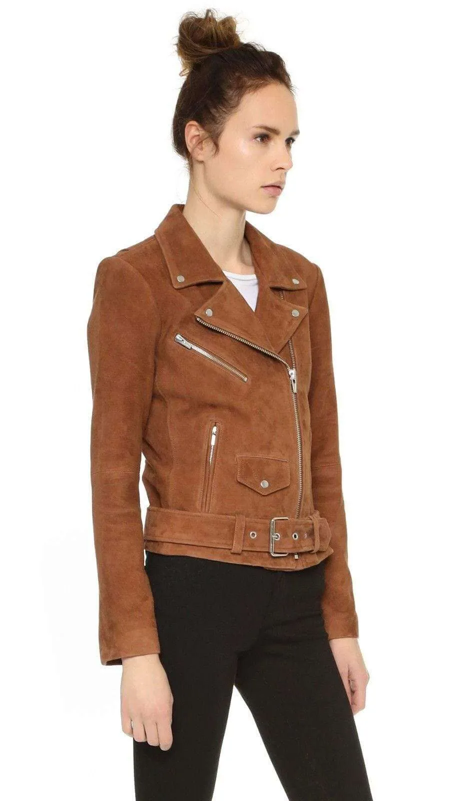 Women's Brown Suede Leather Jacket Slim Fit Motorcycle Jacket