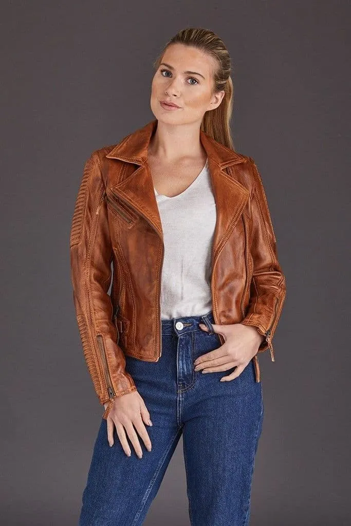 Womens Casual Tan Biker Leather Jacket