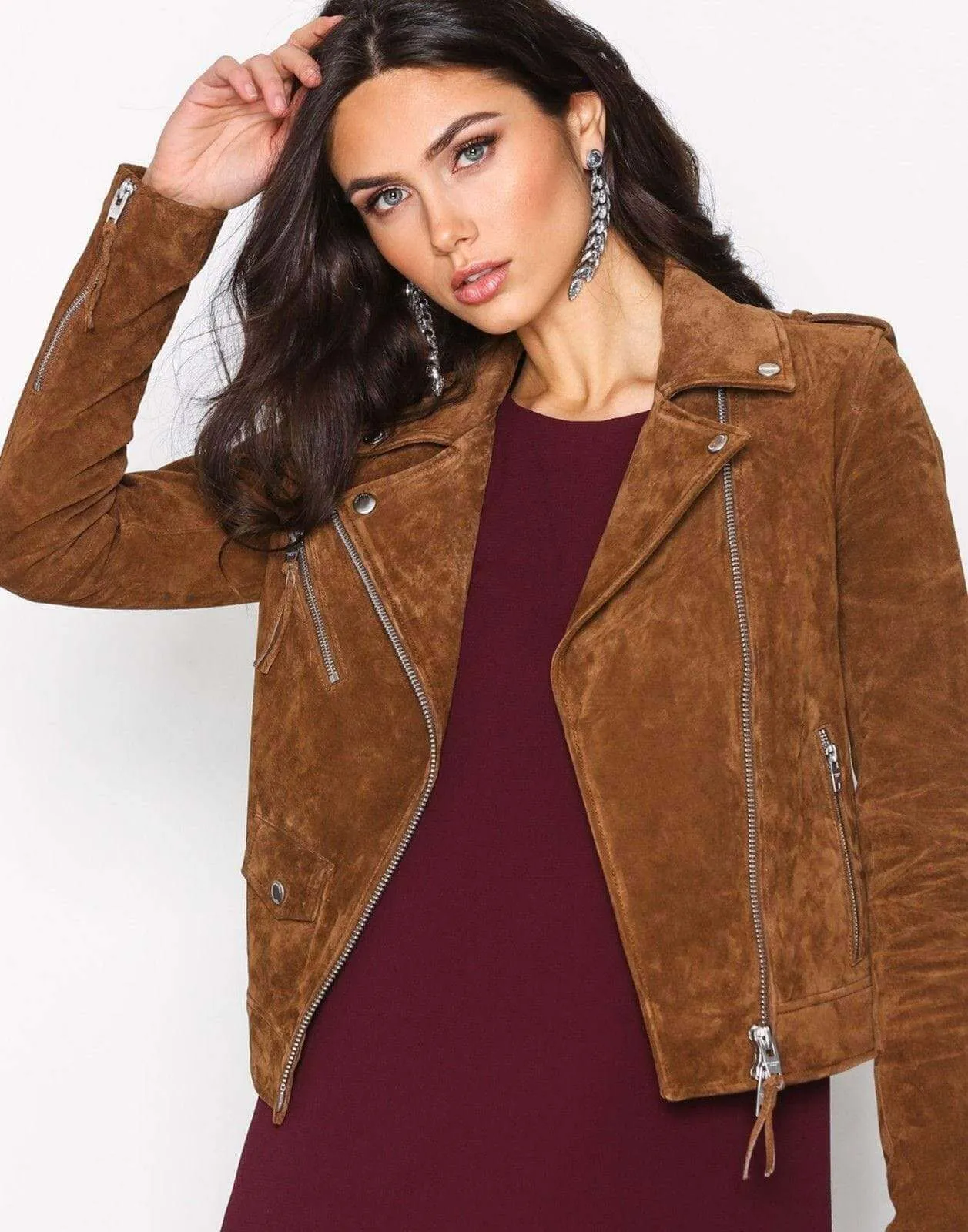 Women's Suede Leather Jacket Brown Biker Motorcycle Pure Suede Jacket