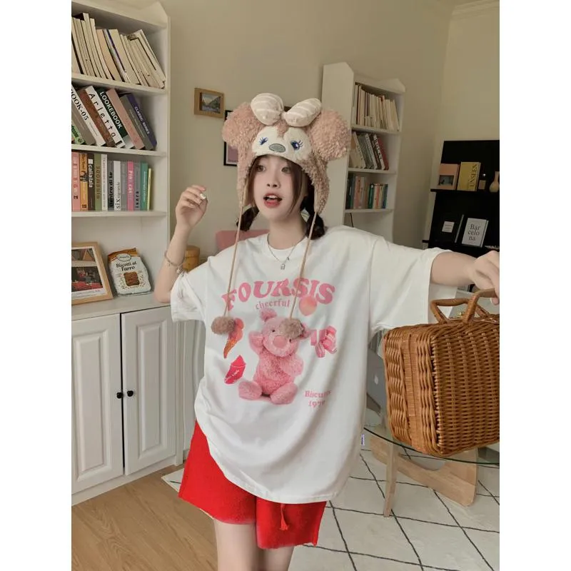 Women's T-Shirt Teddy Bear Print Midi Lazy Short Sleeve Tee