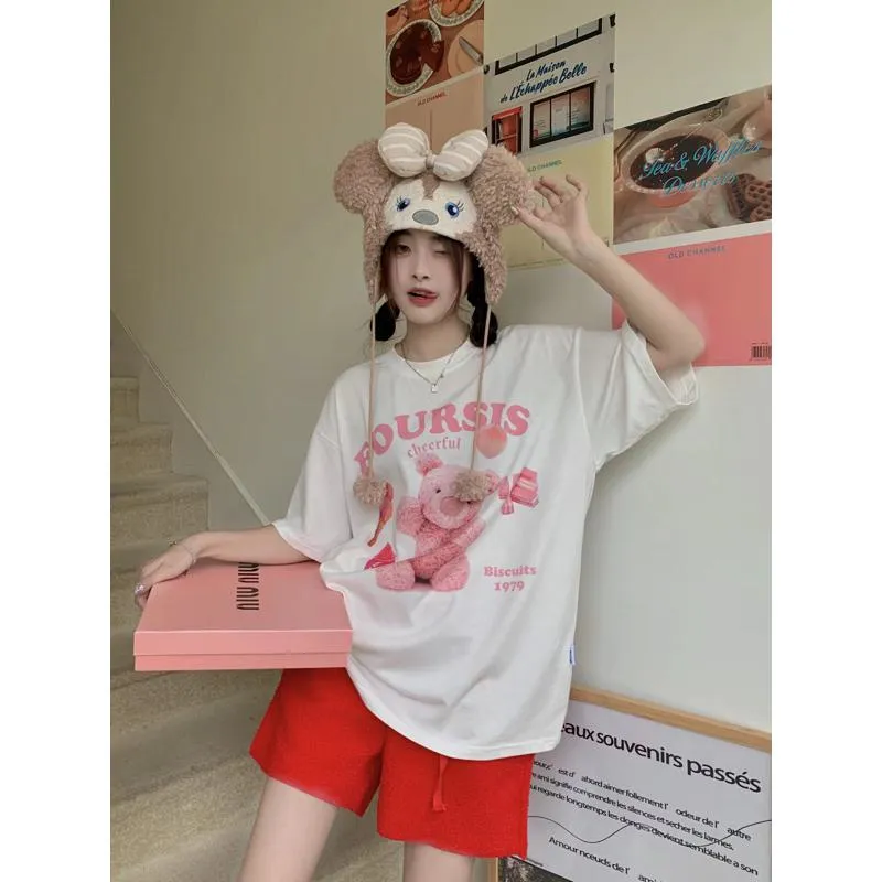 Women's T-Shirt Teddy Bear Print Midi Lazy Short Sleeve Tee