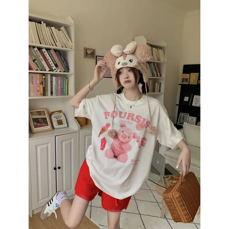 Women's T-Shirt Teddy Bear Print Midi Lazy Short Sleeve Tee