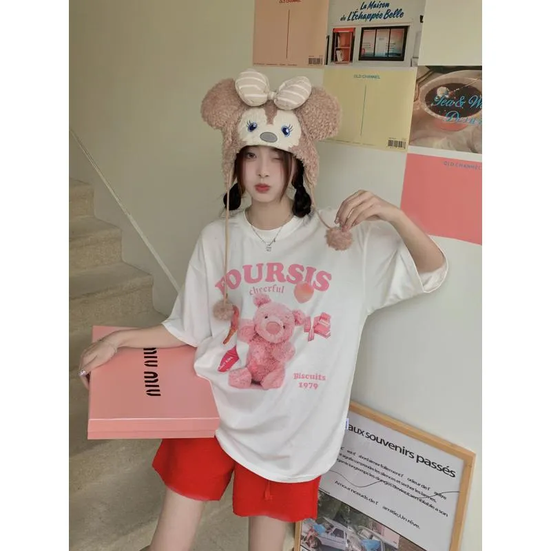 Women's T-Shirt Teddy Bear Print Midi Lazy Short Sleeve Tee